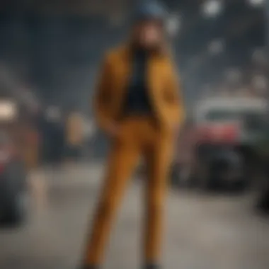 Stylish ensemble featuring vibrant corduroy pants paired with contemporary accessories