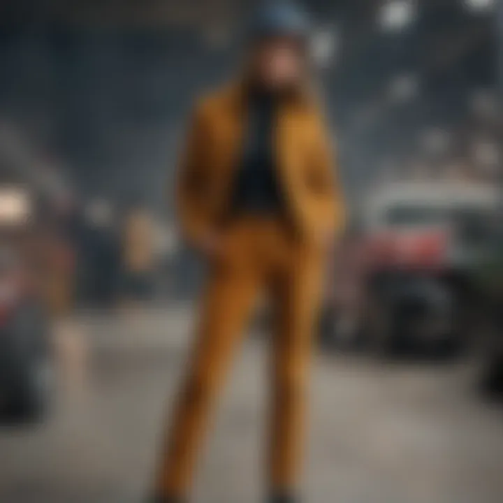 Stylish ensemble featuring vibrant corduroy pants paired with contemporary accessories