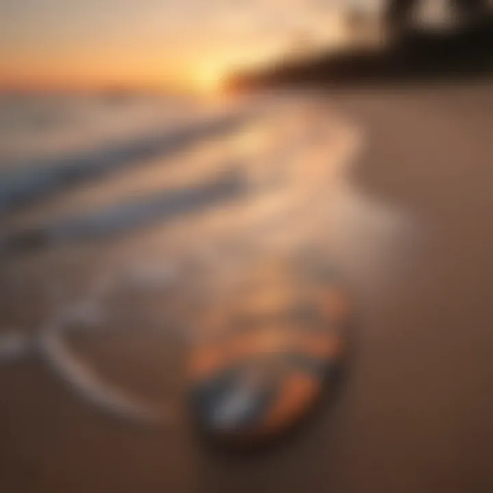 Beautiful East Coast sunset with skimboard tracks on the sand.