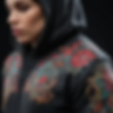 Close-up of intricate tattoo-inspired graphics on Ed Hardy hoodies