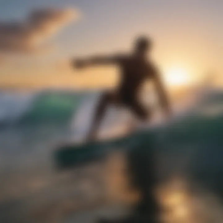 Breathtaking sunset view of electric body surfers riding waves