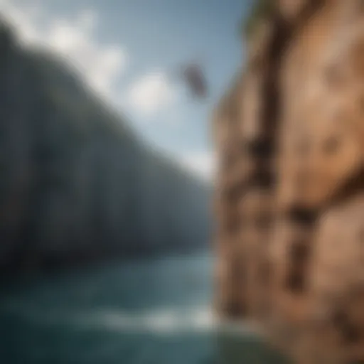 A breathtaking view of a cliff diver mid-air