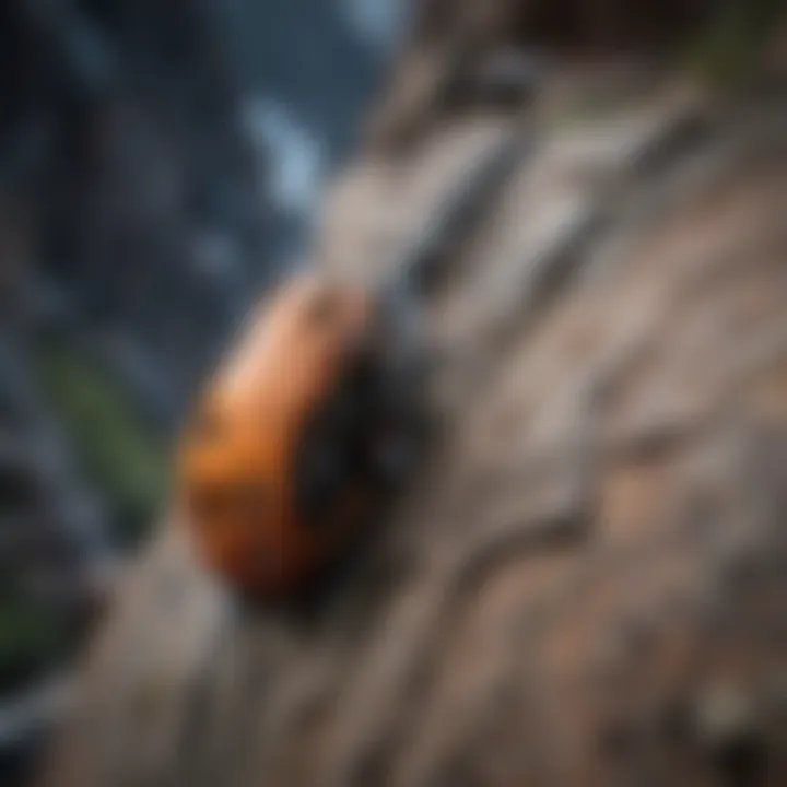 A close-up of essential climbing gear against a rocky backdrop