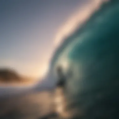 Riding the Waves of Adventure A surfer riding a massive wave during sunset.