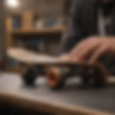 Artisan Craftsmanship in Skateboard Making An artisan carefully crafting a skateboard, highlighting the craftsmanship involved.