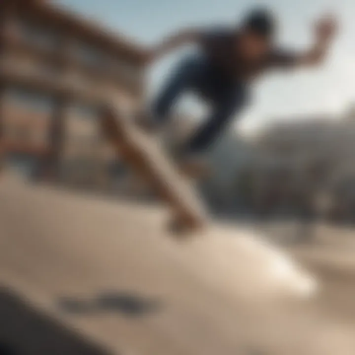 A high-energy skateboarding scene featuring bold tricks and design elements.