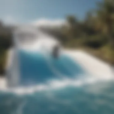 An overview of a Flowrider facility with surfers in action