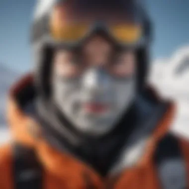Face-Covering Jacket in Action on the Slopes Extreme sports enthusiast wearing a face-covering jacket during snowboarding