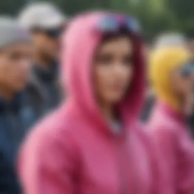 A group of extreme sports enthusiasts wearing hot pink hoodies at a vibrant outdoor event.