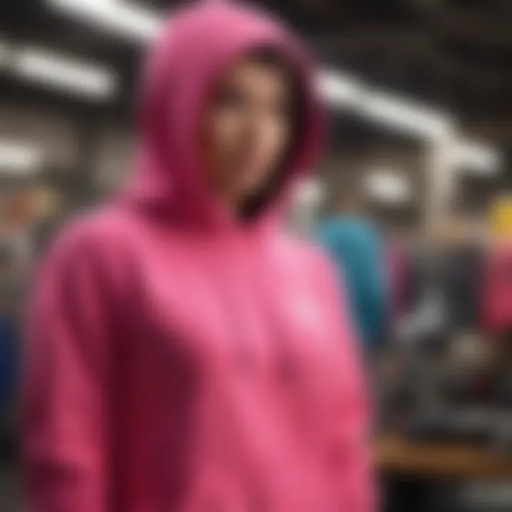 Stylish hot pink hoodie displayed against a backdrop of extreme sports gear and equipment.