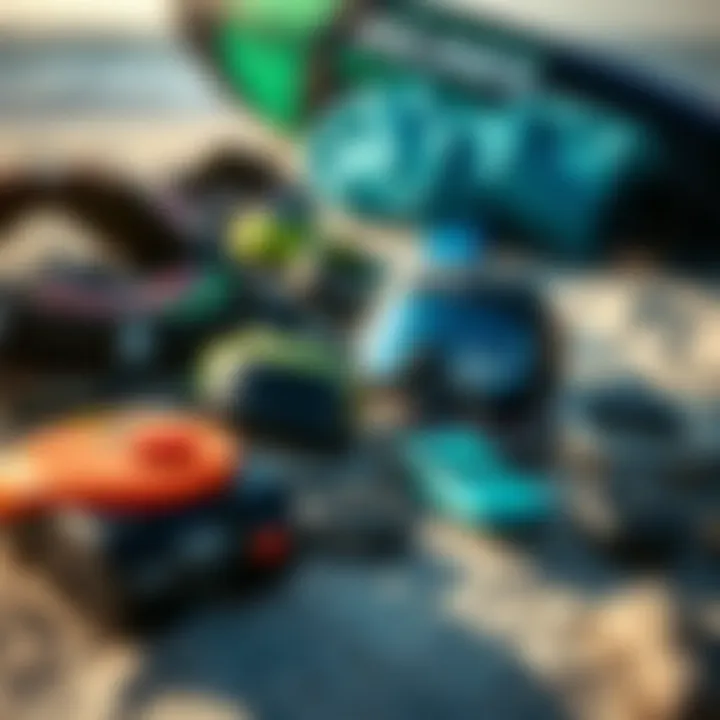 Close-up of essential kiteboarding gear laid out on a beach