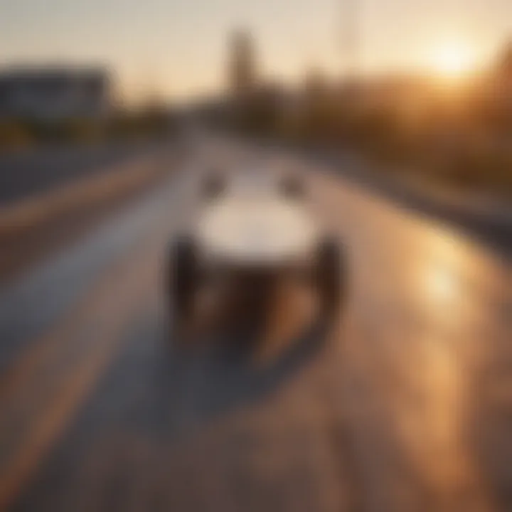 A scenic view of a long cruiser board on a picturesque boardwalk during sunset.