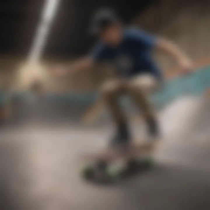 A rider performing tricks on a long cruiser board in an urban skate park.