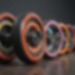 Variety of longboard wheels showcasing different sizes and colors