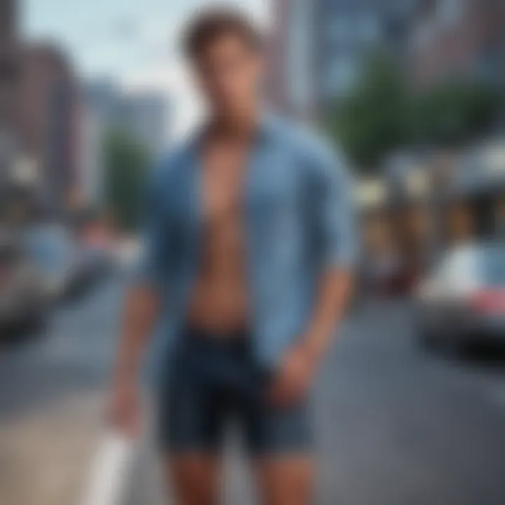 Casual button-up shirt combined with denim shorts