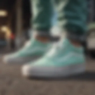 A group of extreme sports enthusiasts wearing mint colored Vans during a thrilling skateboarding session.