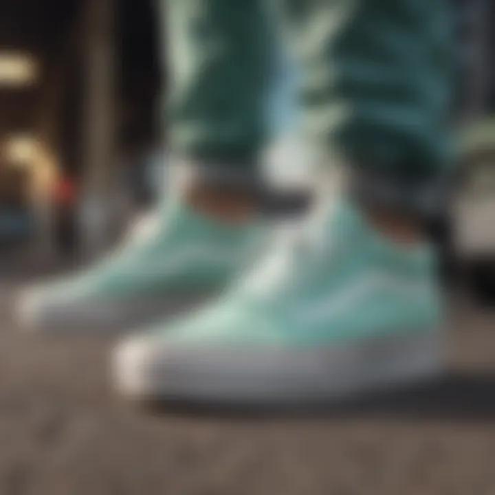 A group of extreme sports enthusiasts wearing mint colored Vans during a thrilling skateboarding session.