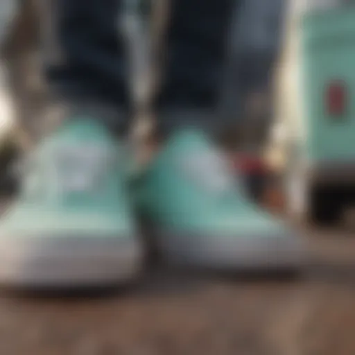 A close-up view of mint colored Vans showcasing their unique texture and design.