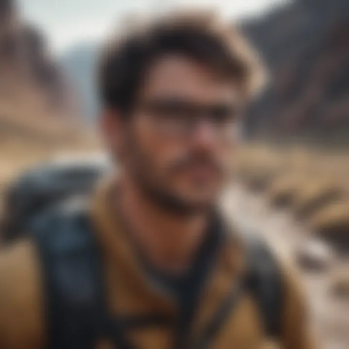 Adventurer wearing Otis and Grey eyeglasses in a rugged landscape