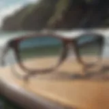 Stylish Otis and Grey eyeglasses resting on a surfboard