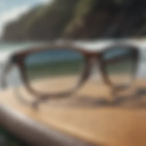 Stylish Otis and Grey eyeglasses resting on a surfboard