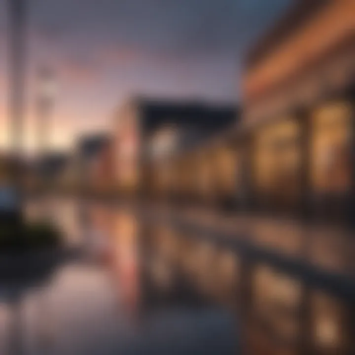 A panoramic view of an outlet shopping center showcasing various storefronts