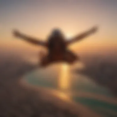 Vibrant sunset over the beaches of Dubai with a skydiver in mid-air