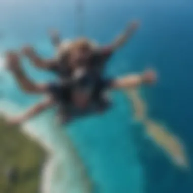 Aerial view of the Great Barrier Reef during a skydiving descent