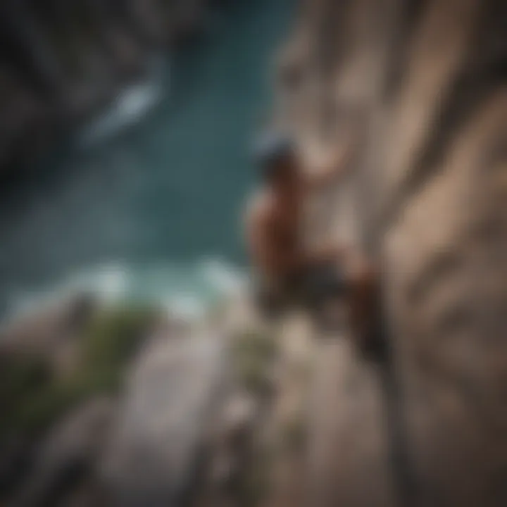Rock climber scaling a rugged cliff in the area