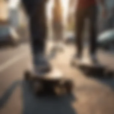 Scene depicting longboard enthusiasts engaging in their favorite activities.