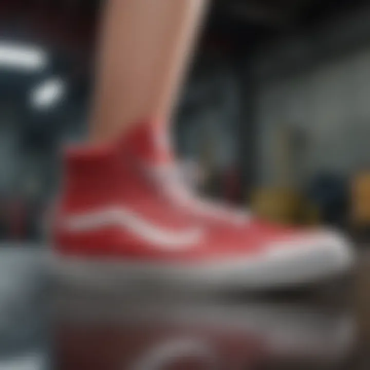 Athletic performance of red high top Vans in action