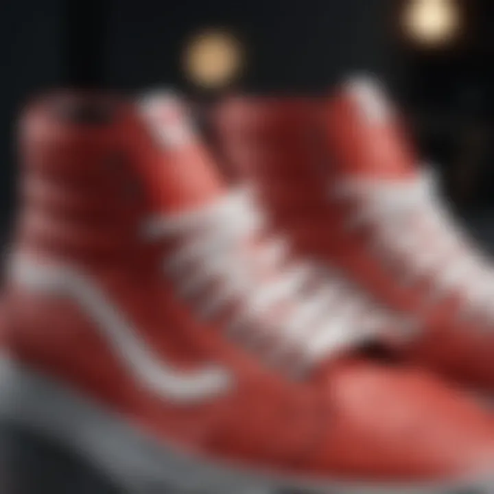 A close-up of the materials used in red high top Vans