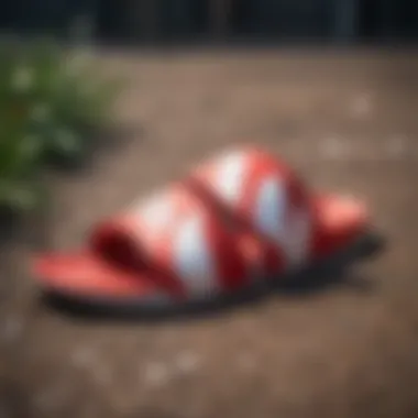 Red and white Nike slides worn in an active outdoor setting