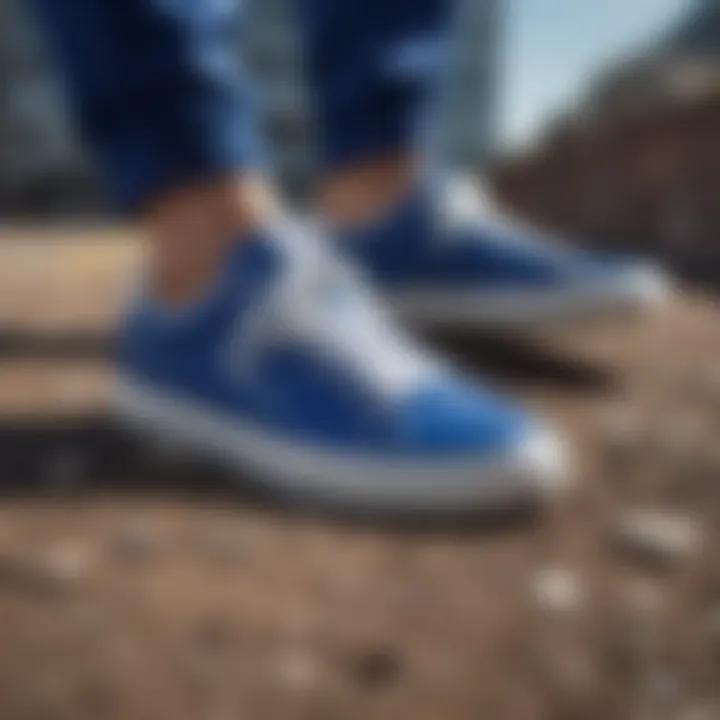 Stylish royal blue and white sneakers displayed in an adventure setting