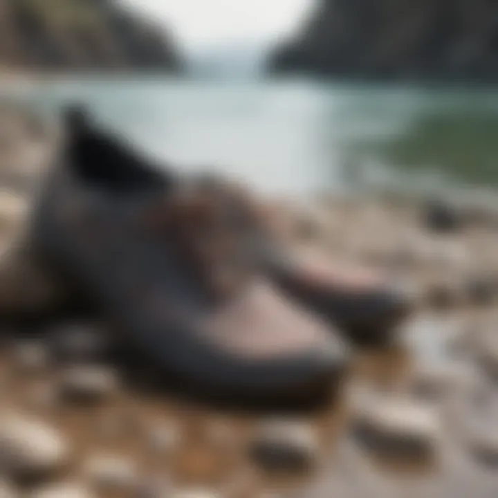 Stylish Sanuk water shoes on a rocky beach