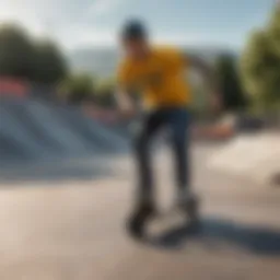 A vibrant skatepark showcasing scooter riders performing tricks.