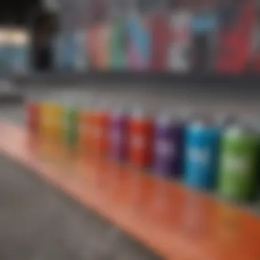 A close-up of colorful spray paint cans against a backdrop of skate ramps