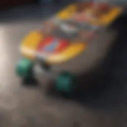 Close-up of skateboard deck showcasing unique graphic design