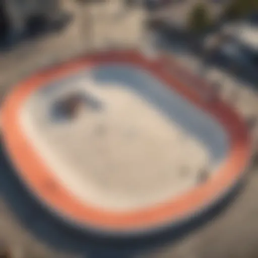 Aerial view of a vibrant skatepark in Los Angeles filled with skateboarders