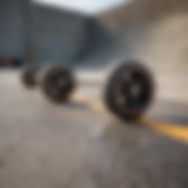 Close-up of skateboard wheels on a concrete ramp showcasing wear and tear