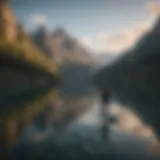 Stand up paddle board on a serene lake reflecting mountains
