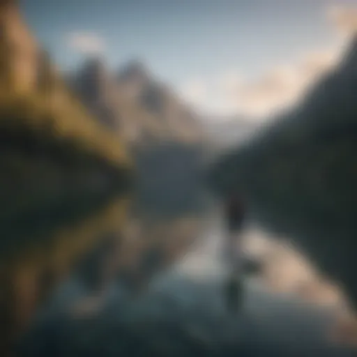 Stand up paddle board on a serene lake reflecting mountains