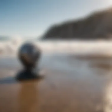 Advanced safety device for surfers shown on a beach setting