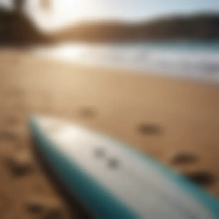 Surfboard resting on the sandy shore under the sun