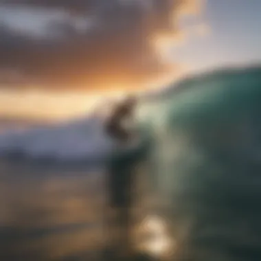 A surfer riding a wave at sunset