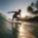 A surfer demonstrating the pop up position on a surfboard in a natural setting.