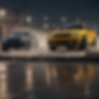 A dynamic tandem drift scene showcasing two cars in perfect synchronization during a drift