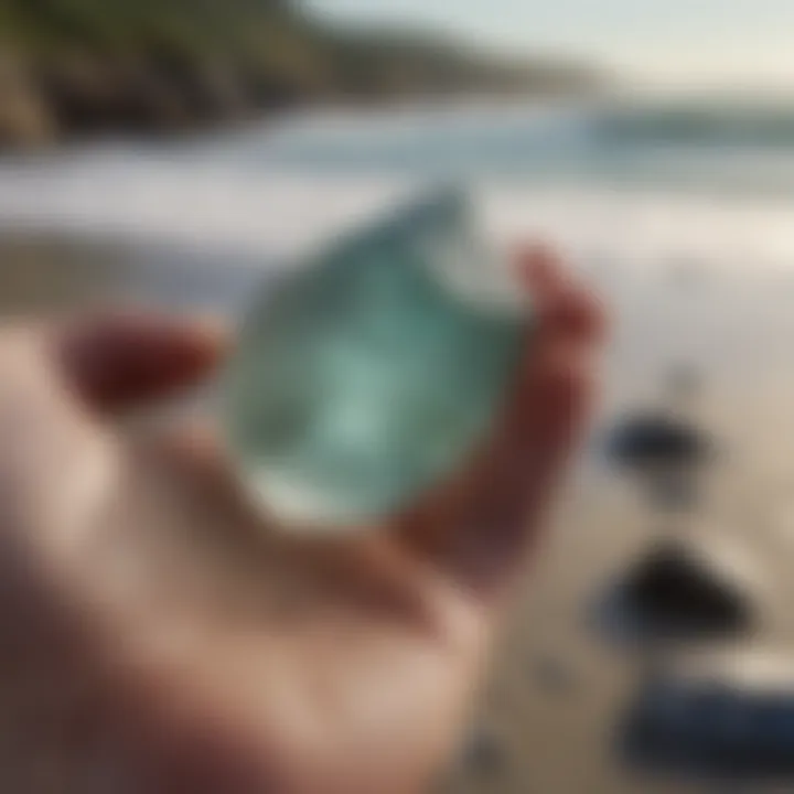 Close-up of a hand holding a unique piece of beach glass against a backdrop of the coastline