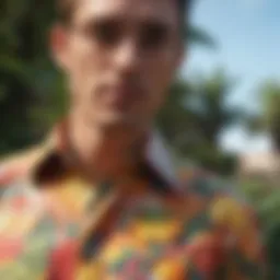 A vibrant button-up shirt featuring a playful design of tropical fruits