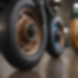 A close-up view of longboard wheels showcasing various diameters and hardness levels.